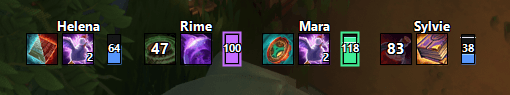 The relic row over a game frame: Helena, Rime, Mara and Sylvie in party-frame order, each with two relic icons and a spirit gauge; Rime's relic counts down 47, Sylvie's 83, Helena and Mara show 2 uses left of a shared pool, and the gauges read 64, 100, 118 and 38.